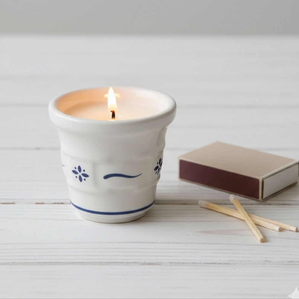 Longaberger Pottery Blue Floral Votive Candle Holder Farmhouse Cottage Decor